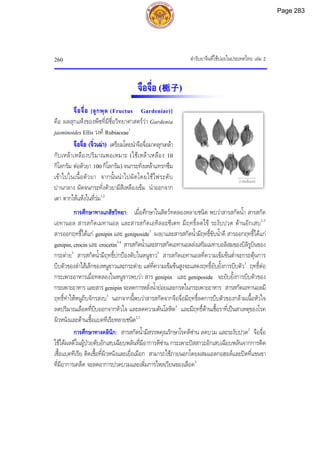 ตํารับยาจีนที่ใชบอยในประเทศไทย เลม 2
260
2 เซนติเมตร
จือจื่อ (栀子)
จือจื่อ [ลูกพุด (Fructus Gardeniae)]
คือ ผลสุกแหงของพืชที่มีชื่อวิทยาศาสตรวา Gardenia
jasminoides Ellis วงศ Rubiaceae1
จือจื่อ (จิ่วเฉา) เตรียมโดยนําจือจื่อมาคลุกเคลา
กับเหลาเหลืองปริมาณพอเหมาะ (ใชเหลาเหลือง 10
กิโลกรัม ตอตัวยา 100 กิโลกรัม) จนกระทั่งเหลาแทรกซึม
เขาไปในเนื้อตัวยา จากนั้นนําไปผัดโดยใชไฟระดับ
ปานกลาง ผัดจนกระทั่งตัวยามีสีเหลืองเขม นําออกจาก
เตา ตากใหแหงในที่รม1,2
การศึกษาทางเภสัชวิทยา: เมื่อศึกษาในสัตวทดลองหลายชนิด พบวาสารสกัดน้ํา สารสกัด
เอทานอล สารสกัดเมทานอล และสารสกัดเอทิลอะซีเตท มีฤทธิ์ลดไข ระงับปวด ตานอักเสบ2,3
สารออกฤทธิ์ไดแก genipin และ geniposide3
ผงยาและสารสกัดน้ํามีฤทธิ์ขับน้ําดี สารออกฤทธิ์ไดแก
genipin,crocin และ crocetin2-4
สารสกัดน้ําและสารสกัดเอทานอลสงเสริมเมทาบอลิสมของบิลิรูบินของ
กระตาย3
สารสกัดน้ํามีฤทธิ์ปกปองตับในหนูขาว2
สารสกัดเอทานอลที่ความเขมขนต่ําจะกระตุนการ
บีบตัวของลําไสเล็กของหนูขาวและกระตาย แตที่ความเขมขนสูงจะแสดงฤทธิ์ยับยั้งการบีบตัว3
ฤทธิ์ตอ
กระเพาะอาหารเมื่อทดลองในหนูขาวพบวา สาร genipin และ geniposide จะยับยั้งการบีบตัวของ
กระเพาะอาหาร และสาร genipin จะลดการหลั่งน้ํายอยและกรดในกระเพาะอาหาร สารสกัดเอทานอลมี
ฤทธิ์ทําใหหนูถีบจักรสงบ3
นอกจากนี้พบวาสารสกัดจากจือจื่อมีฤทธิ์ลดการบีบตัวของกลามเนื้อหัวใจ
ลดปริมาณเลือดที่บีบออกจากหัวใจ และลดความดันโลหิต3
และมีฤทธิ์ตานเชื้อราที่เปนสาเหตุของโรค
ผิวหนังและตานเชื้อแบคทีเรียหลายชนิด2,3
การศึกษาทางคลินิก: สารสกัดน้ํามีสรรพคุณรักษาโรคดีซาน ลดบวม และระงับปวด2
จือจื่อ
ใชไดผลดีในผูปวยตับอักเสบเฉียบพลันที่มีอาการดีซาน กระเพาะปสสาวะอักเสบเฉียบพลันจากการติด
เชื้อแบคทีเรีย ติดเชื้อที่ผิวหนังและเยื่อเมือก สามารถใชภายนอกโดยผสมแอลกอฮอลและปดที่แขนขา
ที่มีอาการเคล็ด จะลดอาการปวดบวมและเพิ่มการไหลเวียนของเลือด3
Page 283
 