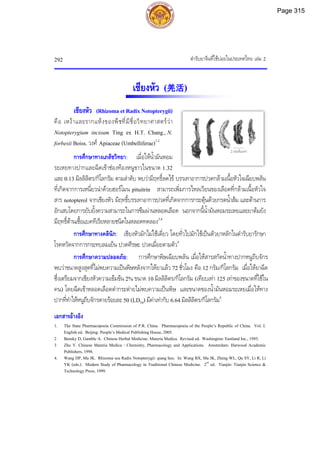 ตํารับยาจีนที่ใชบอยในประเทศไทย เลม 2
292
เชียงหัว (羌活)
เชียงหัว (RhizomaetRadixNotopterygii)
คือ เหงาและรากแหงของพืชที่มีชื่อวิทยาศาสตรวา
Notopterygium incisum Ting ex H.T. Chang., N.
forbesii Boiss. วงศ Apiaceae (Umbelliferae)1,2
การศึกษาทางเภสัชวิทยา: เมื่อใหน้ํามันหอม
ระเหยทางปากและฉีดเขาชองทองหนูขาวในขนาด 1.32
และ 0.13 มิลลิลิตร/กิโลกรัม ตามลําดับ พบวามีฤทธิ์ลดไข บรรเทาอาการปวดกลามเนื้อหัวใจเฉียบพลัน
ที่เกิดจากการเหนี่ยวนําดวยฮอรโมน pituitrin สามารถเพิ่มการไหลเวียนของเลือดที่กลามเนื้อหัวใจ
สาร notopterol จากเชียงหัว มีฤทธิ์บรรเทาอาการปวดที่เกิดจากการกระตุนดวยกรดน้ําสม และตานการ
อักเสบโดยการยับยั้งความสามารถในการซึมผานหลอดเลือด นอกจากนี้น้ํามันหอมระเหยและยาตมยัง
มีฤทธิ์ตานเชื้อแบคทีเรียหลายชนิดในหลอดทดลอง3,4
การศึกษาทางคลินิก: เชียงหัวมักไมใชเดี่ยว โดยทั่วไปมักใชเปนตัวยาหลักในตํารับยารักษา
โรคหวัดจากการกระทบลมเย็น ปวดศีรษะ ปวดเมื่อยตามตัว4
การศึกษาความปลอดภัย: การศึกษาพิษเฉียบพลัน เมื่อใหสารสกัดน้ําทางปากหนูถีบจักร
พบวาขนาดสูงสุดที่ไมพบความเปนพิษหลังจากใหยาแลว 72 ชั่วโมง คือ 12 กรัม/กิโลกรัม เมื่อใหยาฉีด
ซึ่งเตรียมจากเชียงหัวความเขมขน 2% ขนาด 10 มิลลิลิตร/กิโลกรัม (เทียบเทา 125 เทาของขนาดที่ใชใน
คน) โดยฉีดเขาหลอดเลือดดํากระตายไมพบความเปนพิษ และขนาดของน้ํามันหอมระเหยเมื่อใหทาง
ปากที่ทําใหหนูถีบจักรตายรอยละ 50 (LD50) มีคาเทากับ 6.64 มิลลิลิตร/กิโลกรัม4
เอกสารอางอิง
1. The State Pharmacopoeia Commission of P.R. China. Pharmacopoeia of the People’s Republic of China. Vol. I.
English ed. Beijing: People’s Medical Publishing House, 2005.
2 Bensky D, Gamble A. Chinese Herbal Medicine: Materia Medica. Revised ed. Washington: Eastland Inc., 1993.
3 Zhu Y. Chinese Materia Medica : Chemistry, Pharmacology and Applications. Amsterdam: Harwood Academic
Publishers, 1998.
4. Wang DP, Ma JK. Rhizoma seu Radix Notopterygii: qiang huo. In: Wang BX, Ma JK, Zheng WL, Qu SY, Li R, Li
YK (eds.). Modern Study of Pharmacology in Traditional Chinese Medicine. 2nd
ed. Tianjin: Tianjin Science &
Technology Press, 1999.
2 เซนติเมตร
Page 315
 