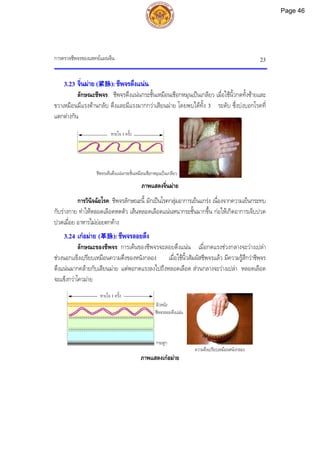 การตรวจชีพจรของแพทยแผนจีน 23
ความตึงเปรียบเหมือนหนังกลอง
3.23 จิ่นมาย (紧脉): ชีพจรตึงแนน
ลักษณะชีพจร: ชีพจรตึงแนนกระชั้นเหมือนเชือกหมุนเปนเกลียว เมื่อใชนิ้วกดทั้งซายและ
ขวาเหมือนมีแรงตานกลับ ตึงและมีแรงมากกวาเสียนมาย โดยพบไดทั้ง 3 ระดับ ซึ่งบงบอกโรคที่
แตกตางกัน
ภาพแสดงจิ่นมาย
การวินิจฉัยโรค: ชีพจรลักษณะนี้ มักเปนโรคกลุมอาการเย็นแกรง เนื่องจากความเย็นกระทบ
กับรางกาย ทําใหหลอดเลือดหดตัว เสนหลอดเลือดแนนหนากระชั้นมากขึ้น กอใหเกิดอาการเจ็บปวด
ปวดเมื่อย อาหารไมยอยตกคาง
3.24 เกอมาย (革脉): ชีพจรลอยตึง
ลักษณะของชีพจร: การเตนของชีพจรจะลอยตึงแนน เมื่อกดแรงชวงกลางจะวางเปลา
ชวงนอกแข็งเปรียบเหมือนความตึงของหนังกลอง เมื่อใชนิ้วสัมผัสชีพจรแลว มีความรูสึกวาชีพจร
ตึงแนนมากคลายกับเสียนมาย แตพอกดแรงลงไปถึงหลอดเลือด สวนกลางจะวางเปลา หลอดเลือด
จะแข็งกวาโควมาย
ภาพแสดงเกอมาย
หายใจ 1 ครั้ง
กระดูก
ผิวหนัง
ชีพจรลอยตึงแนน
ชีพจรเตนตึงแนนกระชั้นเหมือนเชือกหมุนเปนเกลียว
หายใจ 1 ครั้ง
Page 46
 