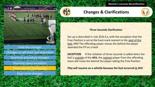 Field line changes
Three Seconds Clarification
Set up is described in rule 20.B.4.a, with the exception that the
Free Position is set at the hash mark nearest to the spot of the
ball; AND The offending player moves 4m behind the player
awarded the FP on a hash
EXCEPTION If the violation of three seconds is called when the
ball is outside of the AFA, the nearest player from the offending
team will move 4m behind the player taking the Free Position
Play will resume on a whistle because the foul occurred in AFA
Women's Lacrosse Recertification
Changes & Clarifications
video
Overtime procedure changes
Changes to self-start and stop clock
Shooting space exception
Three second clarification
Goal-circle changes
Field line changes
Overtime procedure changes
Changes to self-start and stop clock
Shooting space exception
Three second clarification
Goal-circle changes
 