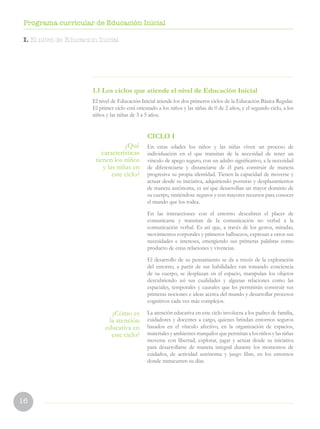 16
Programa curricular de Educación Inicial
1.1 Los ciclos que atiende el nivel de Educación Inicial
El nivel de Educación Inicial atiende los dos primeros ciclos de la Educación Básica Regular.
El primer ciclo está orientado a los niños y las niñas de 0 de 2 años, y el segundo ciclo, a los
niños y las niñas de 3 a 5 años.
¿Qué
características
tienen los niños
y las niñas en
este ciclo?
¿Cómo es
la atención
educativa en
este ciclo?
CICLO I
En estas edades los niños y las niñas viven un proceso de
individuación en el que transitan de la necesidad de tener un
vínculo de apego seguro, con un adulto significativo, a la necesidad
de diferenciarse y distanciarse de él para construir de manera
progresiva su propia identidad. Tienen la capacidad de moverse y
actuar desde su iniciativa, adquiriendo posturas y desplazamientos
de manera autónoma, es así que desarrollan un mayor dominio de
su cuerpo, sintiéndose seguros y con mayores recursos para conocer
el mundo que los rodea.
En las interacciones con el entorno descubren el placer de
comunicarse y transitan de la comunicación no verbal a la
comunicación verbal. Es así que, a través de los gestos, miradas,
movimientos corporales y primeros balbuceos, expresan a otros sus
necesidades e intereses, emergiendo sus primeras palabras como
producto de estas relaciones y vivencias.
El desarrollo de su pensamiento se da a través de la exploración
del entorno, a partir de sus habilidades van tomando conciencia
de su cuerpo, se desplazan en el espacio, manipulan los objetos
descubriendo así sus cualidades y algunas relaciones como las
espaciales, temporales y causales que les permitirán construir sus
primeras nociones e ideas acerca del mundo y desarrollar procesos
cognitivos cada vez más complejos.
La atención educativa en este ciclo involucra a los padres de familia,
cuidadores y docentes a cargo, quienes brindan entornos seguros
basados en el vínculo afectivo, en la organización de espacios,
materiales y ambientes tranquilos que permitan a los niños y las niñas
moverse con libertad, explorar, jugar y actuar desde su iniciativa
para desarrollarse de manera integral durante los momentos de
cuidados, de actividad autónoma y juego libre, en los entornos
donde transcurren su días.
I. El nivel de Educacion Inicial
 