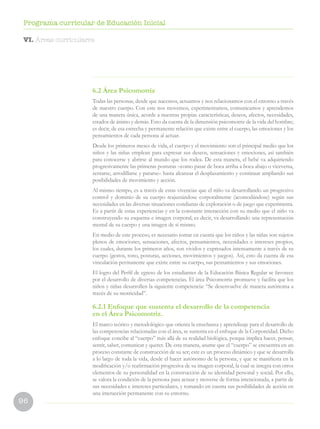 96
Programa curricular de Educación Inicial
6.2 Área Psicomotriz
Todas las personas, desde que nacemos, actuamos y nos relacionamos con el entorno a través
de nuestro cuerpo. Con este nos movemos, experimentamos, comunicamos y aprendemos
de una manera única, acorde a nuestras propias características, deseos, afectos, necesidades,
estados de ánimo y demás. Esto da cuenta de la dimensión psicomotriz de la vida del hombre;
es decir, de esa estrecha y permanente relación que existe entre el cuerpo, las emociones y los
pensamientos de cada persona al actuar.
Desde los primeros meses de vida, el cuerpo y el movimiento son el principal medio que los
niños y las niñas emplean para expresar sus deseos, sensaciones y emociones, así también
para conocerse y abrirse al mundo que los rodea. De esta manera, el bebé va adquiriendo
progresivamente las primeras posturas –como pasar de boca arriba a boca abajo o viceversa,
sentarse, arrodillarse y pararse– hasta alcanzar el desplazamiento y continuar ampliando sus
posibilidades de movimiento y acción.
Al mismo tiempo, es a través de estas vivencias que el niño va desarrollando un progresivo
control y dominio de su cuerpo reajustándose corporalmente (acomodándose) según sus
necesidades en las diversas situaciones cotidianas de exploración o de juego que experimenta.
Es a partir de estas experiencias y en la constante interacción con su medio que el niño va
construyendo su esquema e imagen corporal; es decir, va desarrollando una representación
mental de su cuerpo y una imagen de sí mismo.
En medio de este proceso, es necesario tomar en cuenta que los niños y las niñas son sujetos
plenos de emociones, sensaciones, afectos, pensamientos, necesidades e intereses propios,
los cuales, durante los primeros años, son vividos y expresados intensamente a través de su
cuerpo (gestos, tono, posturas, acciones, movimientos y juegos). Así, esto da cuenta de esa
vinculación permanente que existe entre su cuerpo, sus pensamientos y sus emociones.
El logro del Perfil de egreso de los estudiantes de la Educación Básica Regular se favorece
por el desarrollo de diversas competencias. El área Psicomotriz promueve y facilita que los
niños y niñas desarrollen la siguiente competencia: “Se desenvuelve de manera autónoma a
través de su motricidad”.
6.2.1 Enfoque que sustenta el desarrollo de la competencia
en el Área Psicomotriz.
El marco teórico y metodológico que orienta la enseñanza y aprendizaje para el desarrollo de
las competencias relacionadas con el área, se sustenta en el enfoque de la Corporeidad. Dicho
enfoque concibe al “cuerpo” más allá de su realidad biológica, porque implica hacer, pensar,
sentir, saber, comunicar y querer. De esta manera, asume que el “cuerpo” se encuentra en un
proceso constante de construcción de su ser; este es un proceso dinámico y que se desarrolla
a lo largo de toda la vida, desde el hacer autónomo de la persona, y que se manifiesta en la
modificación y/o reafirmación progresiva de su imagen corporal, la cual se integra con otros
elementos de su personalidad en la construcción de su identidad personal y social. Por ello,
se valora la condición de la persona para actuar y moverse de forma intencionada, a partir de
sus necesidades e intereses particulares, y tomando en cuenta sus posibilidades de acción en
una interacción permanente con su entorno.
VI. Áreas curriculares
 