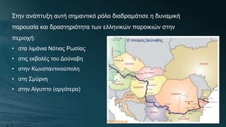 Στην ανάπτυξη αυτή σημαντικό ρόλο διαδραμάτισε η δυναμική
παρουσία και δραστηριότητα των ελληνικών παροικιών στην
περιοχή:
• στα λιμάνια Νότιας Ρωσίας
• στις εκβολές του Δούναβη
• στην Κωνσταντινούπολη
• στη Σμύρνη
• στην Αίγυπτο (αργότερα)
Ο ποταμός Δούναβης
https://elinis.gr
 