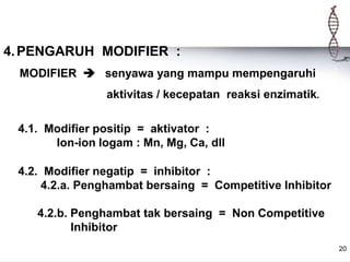 20
4.PENGARUH MODIFIER :
MODIFIER  senyawa yang mampu mempengaruhi
aktivitas / kecepatan reaksi enzimatik.
4.1. Modifier positip = aktivator :
Ion-ion logam : Mn, Mg, Ca, dll
4.2. Modifier negatip = inhibitor :
4.2.a. Penghambat bersaing = Competitive Inhibitor
4.2.b. Penghambat tak bersaing = Non Competitive
Inhibitor
 