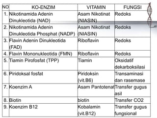 NO KO-ENZIM VITAMIN FUNGSI
1. Nikotinamida Adenin
Dinukleotida (NAD)
Asam Nikotinat
(NIASIN)
Redoks
2. Nikotinamida Adenin
Dinukleotida Phosphat (NADP)
Asam Nikotinat
(NIASIN)
Redoks
3. Flavin Adenin Dinukleotida
(FAD)
Riboflavin Redoks
4. Flavin Mononukleotida (FMN) Riboflavin Redoks
5. Tiamin Pirofosfat (TPP) Tiamin Oksidatif
dekarboksilasi
6. Piridoksal fosfat Piridoksin
(vit.B6)
Transaminasi
dan rasemase
7. Koenzim A Asam PantotenatTransfer gugus
asil
8. Biotin biotin Transfer CO2
9. Koenzim B12 Kobalamin
(vit.B12)
Transfer gugus
fungsional
 