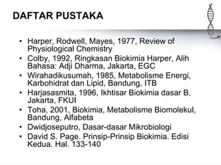 DAFTAR PUSTAKA
• Harper, Rodwell, Mayes, 1977, Review of
Physiological Chemistry
• Colby, 1992, Ringkasan Biokimia Harper, Alih
Bahasa: Adji Dharma, Jakarta, EGC
• Wirahadikusumah, 1985, Metabolisme Energi,
Karbohidrat dan Lipid, Bandung, ITB
• Harjasasmita, 1996, Ikhtisar Biokimia dasar B,
Jakarta, FKUI
• Toha, 2001, Biokimia, Metabolisme Biomolekul,
Bandung, Alfabeta
• Dwidjoseputro, Dasar-dasar Mikrobiologi
• David S. Page. Prinsip-Prinsip Biokimia. Edisi
Kedua. Hal. 133-140
 