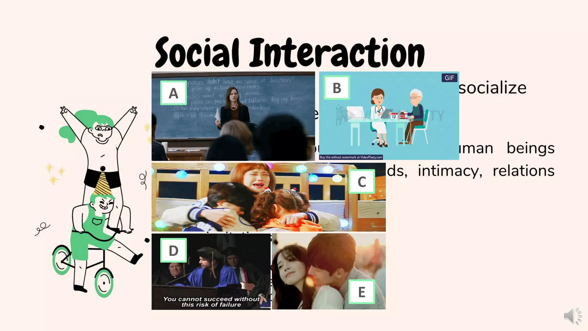 Social Interaction
In this function, we use language to socialize
or interact with other people.
In their daily course of living, human beings
develop and maintain bonds, intimacy, relations
and associations.
BASIC FORMS
• invitations
• greetings
• appreciations
• encouragements
• marriage proposals
A B
C
D
E
 