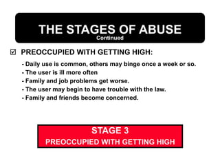  PREOCCUPIED WITH GETTING HIGH:
- Daily use is common, others may binge once a week or so.
- The user is ill more often
- Family and job problems get worse.
- The user may begin to have trouble with the law.
- Family and friends become concerned.
THE STAGES OF ABUSE
Continued
STAGE 3
PREOCCUPIED WITH GETTING HIGH
 