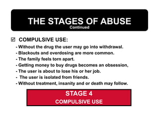  COMPULSIVE USE:
- Without the drug the user may go into withdrawal.
- Blackouts and overdosing are more common.
- The family feels torn apart.
- Getting money to buy drugs becomes an obsession,
- The user is about to lose his or her job.
- The user is isolated from friends.
- Without treatment, insanity and or death may follow.
THE STAGES OF ABUSE
Continued
STAGE 4
COMPULSIVE USE
 