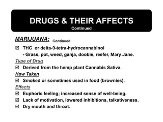 DRUGS & THEIR AFFECTS
 THC or delta-9-tetra-hydrocannabinol
- Grass, pot, weed, ganja, doobie, reefer, Mary Jane.
Type of Drug
 Derived from the hemp plant Cannabis Sativa.
How Taken
 Smoked or sometimes used in food (brownies).
Effects
 Euphoric feeling; increased sense of well-being.
 Lack of motivation, lowered inhibitions, talkativeness.
 Dry mouth and throat.
MARIJUANA:
Continued
Continued
 
