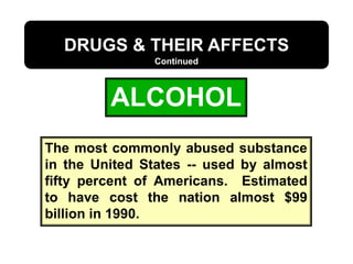 ALCOHOL
DRUGS & THEIR AFFECTS
Continued
The most commonly abused substance
in the United States -- used by almost
fifty percent of Americans. Estimated
to have cost the nation almost $99
billion in 1990.
 