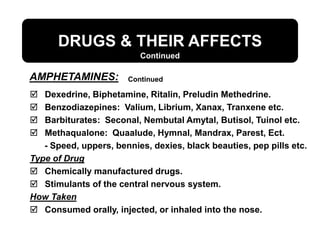 DRUGS & THEIR AFFECTS
AMPHETAMINES:
Continued
 Dexedrine, Biphetamine, Ritalin, Preludin Methedrine.
 Benzodiazepines: Valium, Librium, Xanax, Tranxene etc.
 Barbiturates: Seconal, Nembutal Amytal, Butisol, Tuinol etc.
 Methaqualone: Quaalude, Hymnal, Mandrax, Parest, Ect.
- Speed, uppers, bennies, dexies, black beauties, pep pills etc.
Type of Drug
 Chemically manufactured drugs.
 Stimulants of the central nervous system.
How Taken
 Consumed orally, injected, or inhaled into the nose.
Continued
 