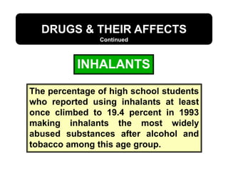 INHALANTS
DRUGS & THEIR AFFECTS
Continued
The percentage of high school students
who reported using inhalants at least
once climbed to 19.4 percent in 1993
making inhalants the most widely
abused substances after alcohol and
tobacco among this age group.
 