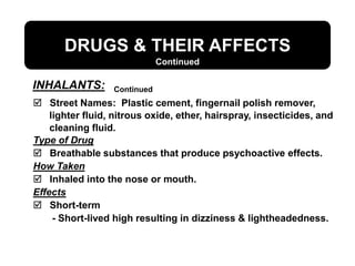 DRUGS & THEIR AFFECTS
INHALANTS:
Continued
 Street Names: Plastic cement, fingernail polish remover,
lighter fluid, nitrous oxide, ether, hairspray, insecticides, and
cleaning fluid.
Type of Drug
 Breathable substances that produce psychoactive effects.
How Taken
 Inhaled into the nose or mouth.
Effects
 Short-term
- Short-lived high resulting in dizziness & lightheadedness.
Continued
 