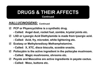 DRUGS & THEIR AFFECTS
HALLUCINOGENS:
Continued
 PCP or Phyencyclidine is a synthetic drug.
- Called: Angel dust, rocket fuel, zombie, krystal joints etc.
 LSD or Lysergic Acid Diethylamide is made from lysergic acid.
- Called: Acid, fry, microdot, white lightening etc.
 Ecstasy or Methylenedioxy Methamphetamine.
- Called: X, XTC, disco biscuits, scoobie snacks.
 Psilocybin is the active ingredient in the psilocybe mushroom.
- Called: Magic mushrooms, shrooms etc.
 Peyote and Mescaline are active ingredients in peyote cactus.
- Called: Mesc, buttons etc.
Continued
 