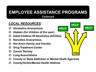 EMPLOYEE ASSISTANCE PROGRAMS
 Alcoholics Anonymous.
 Alateen (for children of the user).
 Adult Children Of Alcoholics (ACOAs).
 Narcotics Anonymous.
 Nar-Anon (family and friends)
 Drug Treatment Center
 Cancer Society
 Lung Associations
 County or State Addiction or Mental Heath Agencies
 County/Victim/Mental Health Hotlines
LOCAL RESOURCES:
Continued
HELP
HELP
HELP
YOU
 