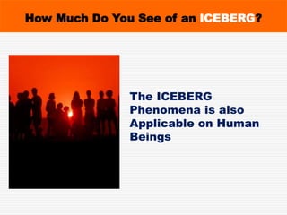 The ICEBERG
Phenomena is also
Applicable on Human
Beings
How Much Do You See of an ICEBERG?
 