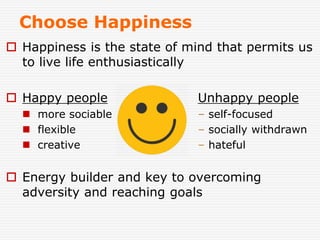 Choose Happiness
 Happiness is the state of mind that permits us
to live life enthusiastically
 Happy people Unhappy people
 more sociable – self-focused
 flexible – socially withdrawn
 creative – hateful
 Energy builder and key to overcoming
adversity and reaching goals
 