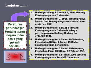 Lanjutan .........
Peraturan
perundangan
tentang warga
negara Indo-
nesia yang
pernah
berlaku :
1. Undang-Undang RI Nomor 3/1946 tentang
Kewarganegaraan Indonesia.
2. Undang-Undang No. 2/1958, tentang Penye-
lesaian Dwi kewarganegaraan antara Indo-
nesia dan RRC,
3. Undang-Undang No. 62/1958 tentang
Kewarganegaraan Indonesia sebagai
penyempurnaan Undang-Undang No.
3/Tahun 1946,
4. Undang-Undang No. 4 Tahun 1969 tentang
Pencabutan UU No. 2 Tahun 1958 dan
dinyatakan tidak berlaku lagi,
5. Undang-Undang No. 3 Tahun 1976 tentang
Perubahan Pasal 18 UU No. 62 Tahun 1958,
6. Undang-Undang No. 12 Tahun 2006 tentang
Kewarganegaraan Republik Indonesia.
 