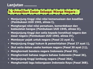 Lanjutan ...........
b. Kewajiban Dasar Sebagai Warga Negara :
• Menjunjung tinggi nilai-nilai kemanusiaan dan keadilan
(Pembukaan UUD 1945, alinea I),
• Menghargai nilai-nilai persatuan, kemerdekaan dan
kedaulatan bangsa (Pembukaan UUD 1945, alinea II),
• Menjunjung tinggi dan setia kepada konstitusi negara dan
dasar negara (Pembukaan UUD 1945, alinea IV),
• Membayar pajak untuk negara (Pasal 23 ayat 2),
• Menjunjung tinggi hukum & pemerintahan (Pasal 27 ayat 1),
• Ikut serta dalam usaha hankam negara (Pasal 30 ayat (1)),
• Menghormati bendera negara Indonesia (Pasal 35),
• Menghormati bahasa negara bahasa Indonesia (Pasal 36),
• Menjunjung tinggi lambang negara (Pasal 36A),
• Menghormati lagu kebangsaan Indonesia Raya (Pasal 36B).
 