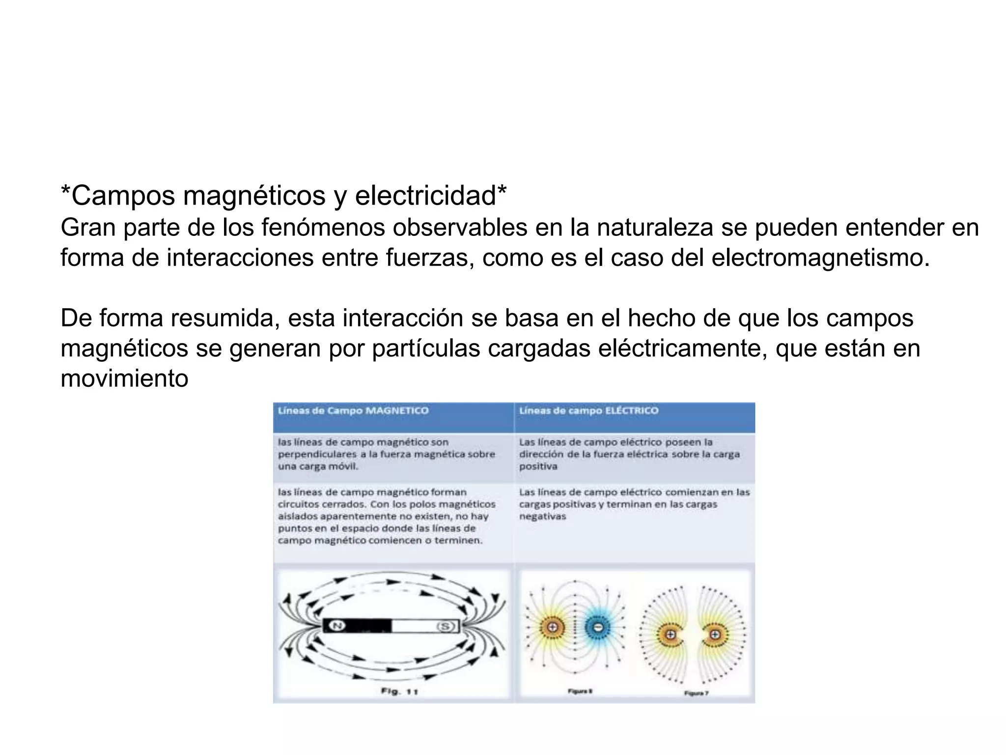 *Campos magnéticos y electricidad*
Gran parte de los fenómenos observables en la naturaleza se pueden entender en
forma de interacciones entre fuerzas, como es el caso del electromagnetismo.
De forma resumida, esta interacción se basa en el hecho de que los campos
magnéticos se generan por partículas cargadas eléctricamente, que están en
movimiento
 