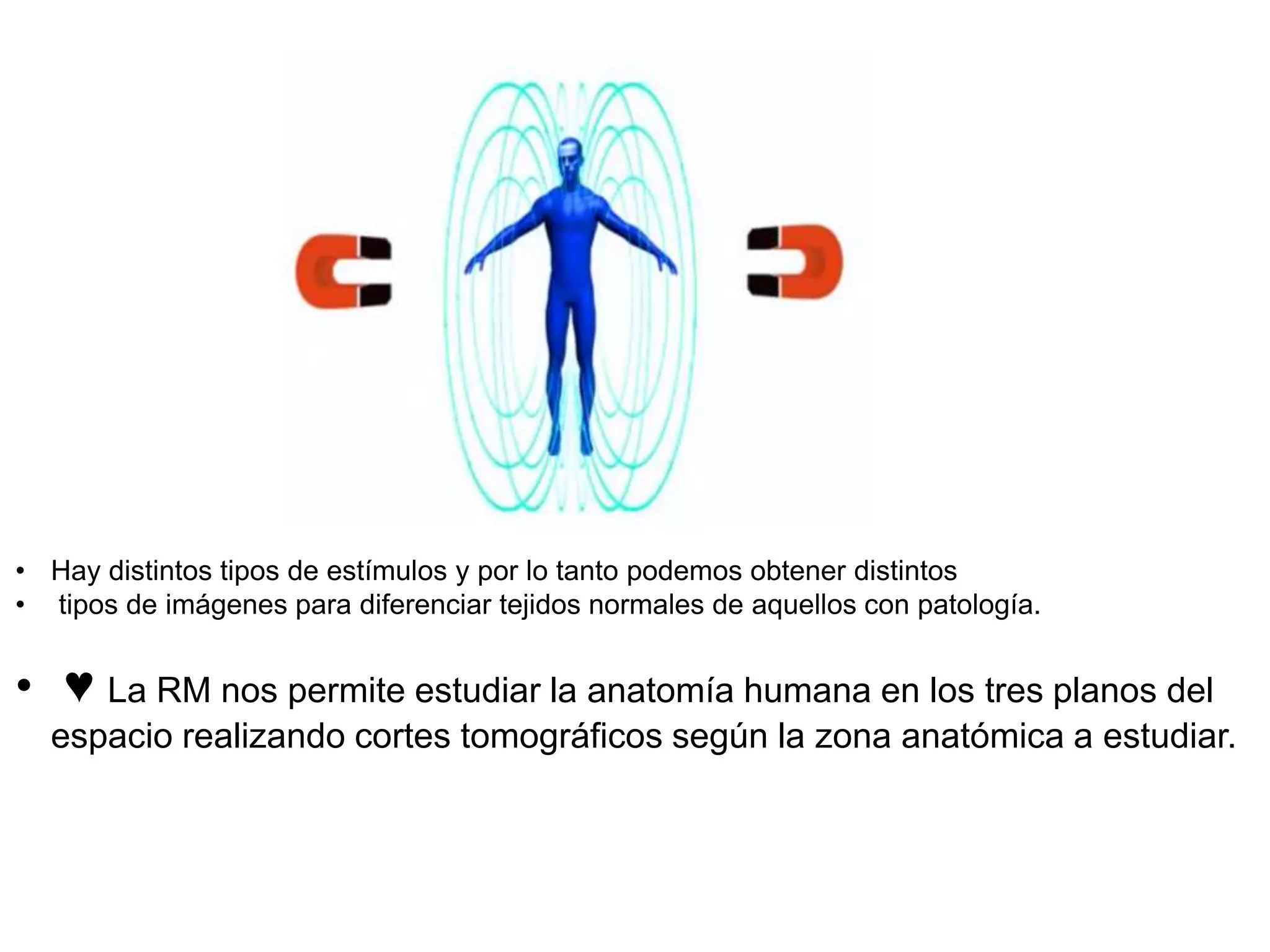 • Hay distintos tipos de estímulos y por lo tanto podemos obtener distintos
• tipos de imágenes para diferenciar tejidos normales de aquellos con patología.
• ♥ La RM nos permite estudiar la anatomía humana en los tres planos del
espacio realizando cortes tomográficos según la zona anatómica a estudiar.
 