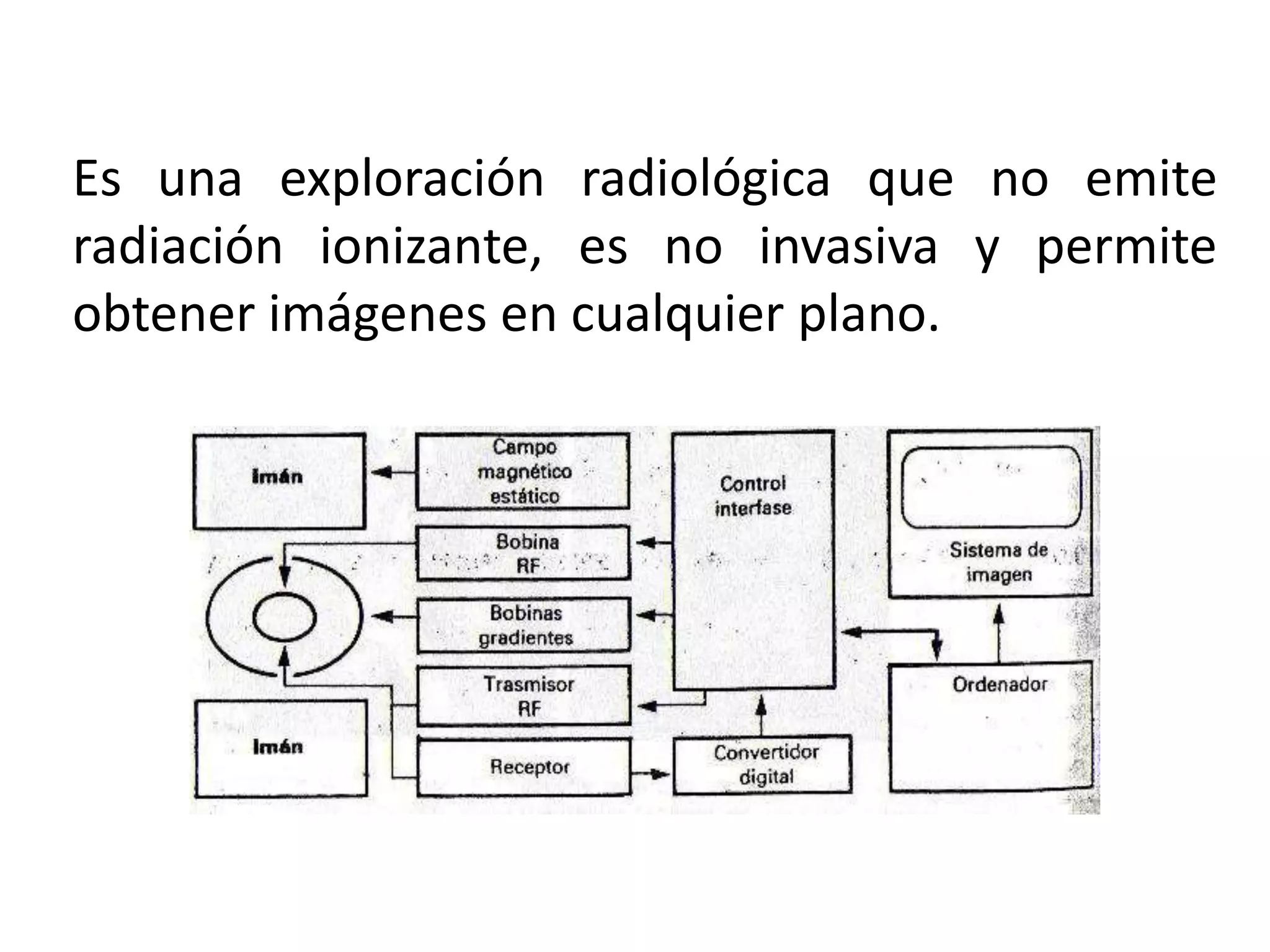 Es una exploración radiológica que no emite
radiación ionizante, es no invasiva y permite
obtener imágenes en cualquier plano.
 