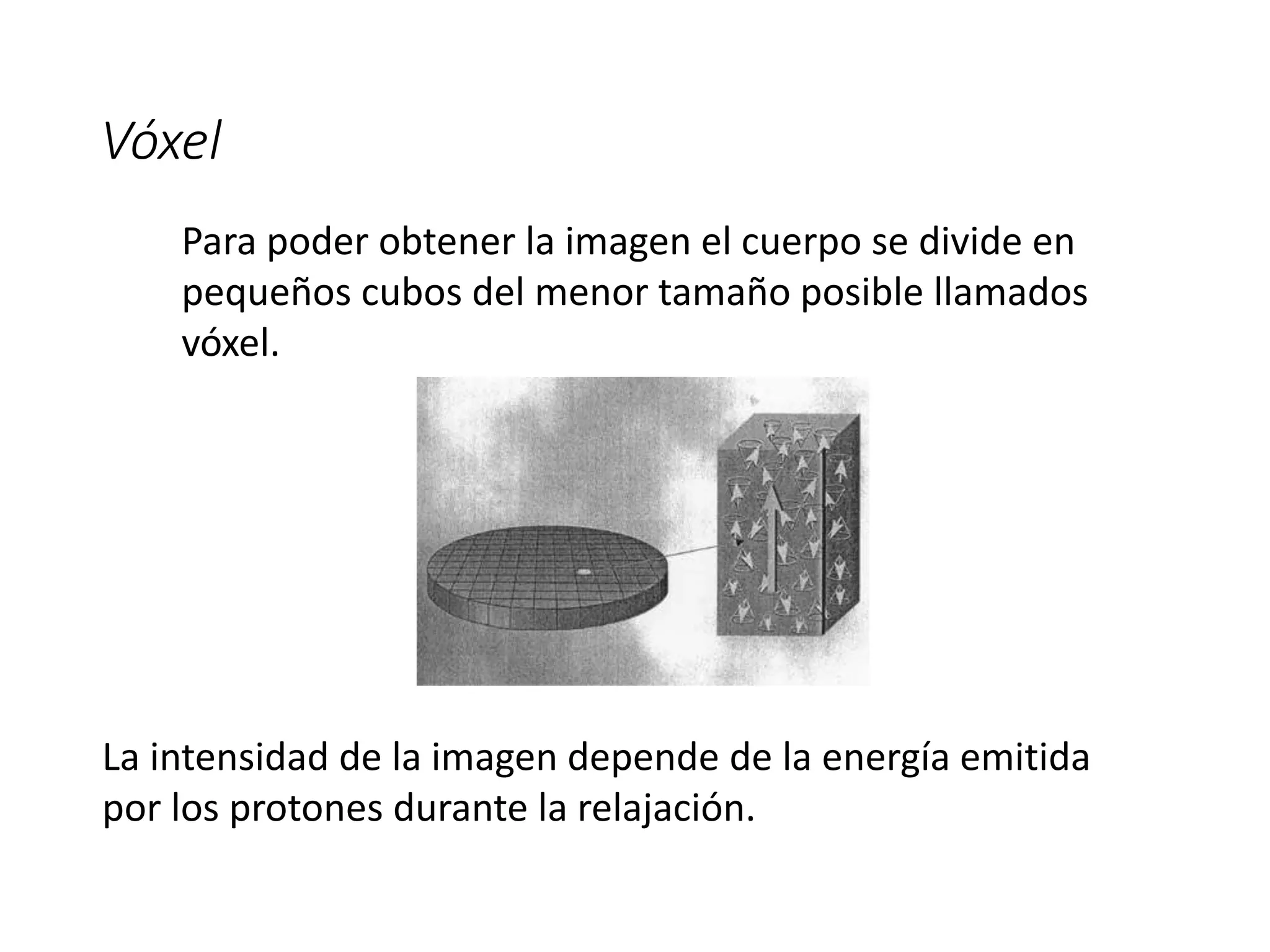 Vóxel
Para poder obtener la imagen el cuerpo se divide en
pequeños cubos del menor tamaño posible llamados
vóxel.
La intensidad de la imagen depende de la energía emitida
por los protones durante la relajación.
 