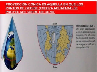PROYECCIÓN CÓNICA ES AQUELLA EN QUE LOS
PUNTOS DE GEOIDE (ESFERA ACHATADA) SE
PROYECTAN SOBRE UN CONO.
 