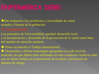 ENFERMERIA DEBE:
 Poner en marcha el Trabajo intersectorial.
 Desarrollar y utilizar tecnologías apropiadas en cada nivel de
atención, las que deben estar orientadas no solo a aspectos curativos sino
con un fuerte énfasis en la promoción de la salud y prevención de
factores de riesgo.
Dar respuesta a los problemas y necesidades de salud
actuales y futuras de la población.
•Considerando:
Los principios de Universalidad; equidad; desarrollo local
y la incorporación y desarrollo de la promoción de la salud como base
del modelo de atención sanitaria.
 