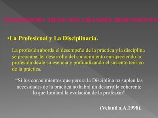 ENFERMERIA TIENE DOS GRANDES DIMENSIONES:
•La Profesional y La Disciplinaria.
La profesión aborda el desempeño de la práctica y la disciplina
se preocupa del desarrollo del conocimiento enriqueciendo la
profesión desde su esencia y profundizando el sustento teórico
de la práctica.
“Si los conocimientos que genera la Disciplina no suplen las
necesidades de la práctica no habrá un desarrollo coherente
lo que limitará la evolución de la profesión”
(Velandia,A.1998).
 