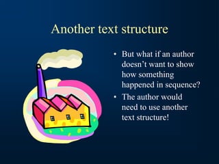 Another text structure
• But what if an author
doesn’t want to show
how something
happened in sequence?
• The author would
need to use another
text structure!
 