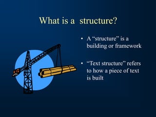 What is a structure?
• A “structure” is a
building or framework
• “Text structure” refers
to how a piece of text
is built
 