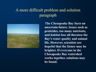 A more difficult problem and solution
paragraph
The Chesapeake Bay faces an
uncertain future. Issues such as
pesticides, too many nutrients,
and habitat loss all threaten the
Bay’s water quality and animal
life. However, scientists are
hopeful that the future may be
brighter. If everyone in the
Chesapeake Bay watershed
works together, solutions may
be found.
 
