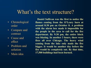 What’s the text structure?
• Chronological
order
• Compare and
contrast
• Cause and
effect
• Problem and
solution
• Main idea
Daniel Sullivan was the first to notice the
flames coming from the O’Leary barn at
around 8:30 pm on October 8. A problem
with the alarm box made it impossible for
the people in the area to call for the fire
department. By 9:30 pm, the entire block
was blazing. In another 3 hours, there were
fires all over Chicago. The heavy wind
coming from the lake only made the fire
bigger. It would be another day before the
fire would be completely out. By that time,
17,500 buildings had been burned.
 