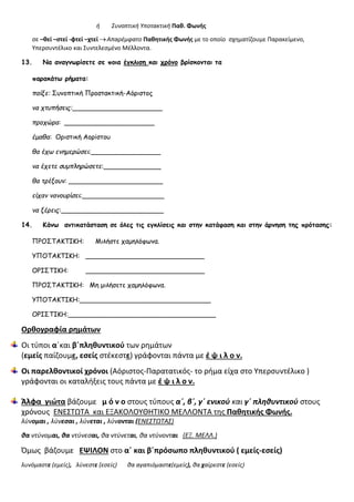 ή Συνοπτική Υποτακτική Παθ. Φωνής
σε –θεί –στεί -φτεί –χτείΑπαρέμφατο Παθητικής Φωνής με το οποίο σχηματίζουμε Παρακείμενο,
Υπερσυντέλικο και Συντελεσμένο Μέλλοντα.
13. Να αναγνωρίσετε σε ποια έγκλιση και χρόνο βρίσκονται τα
παρακάτω ρήματα:
παίξε: Συνοπτική Προστακτική-Αόριστος
να χτυπήσεις:______________________
προχώρα: ______________________
έμαθα: Οριστική Αορίστου
θα έχω ενημερώσει:_________________
να έχετε συμπληρώσετε:______________
θα τρέξουν: _______________________
είχαν νανουρίσει:____________________
να ξέρεις:_________________________
14. Κάνω αντικατάσταση σε όλες τις εγκλίσεις και στην κατάφαση και στην άρνηση της πρότασης:
ΠΡΟΣΤΑΚΤΙΚΗ: Μιλήστε χαμηλόφωνα.
ΥΠΟΤΑΚΤΙΚΗ: _____________________________
ΟΡΙΣΤΙΚΗ: _____________________________
ΠΡΟΣΤΑΚΤΙΚΗ: Μη μιλήσετε χαμηλόφωνα.
ΥΠΟΤΑΚΤΙΚΗ:________________________________
ΟΡΙΣΤΙΚΗ:____________________________________
Ορθογραφία ρημάτων
Οι τύποι α΄και β΄πληθυντικού των ρημάτων
(εμείς παίζουμε, εσείς στέκεστε) γράφονται πάντα με έ ψ ι λ ο ν.
Οι παρελθοντικοί χρόνοι (Αόριστος-Παρατατικός- το ρήμα είχα στο Υπερσυντέλικο )
γράφονται οι καταλήξεις τους πάντα με έ ψ ι λ ο ν.
Άλφα γιώτα βάζουμε μ ό ν ο στους τύπους α΄, β΄, γ΄ ενικού και γ΄ πληθυντικού στους
χρόνους ΕΝΕΣΤΩΤΑ και ΕΞΑΚΟΛΟΥΘΗΤΙΚΟ ΜΕΛΛΟΝΤΑ της Παθητικής Φωνής.
λύνομαι , λύνεσαι , λύνεται , λύνονται (ΕΝΕΣΤΩΤΑΣ)
θα ντύνομαι, θα ντύνεσαι, θα ντύνεται, θα ντύνονται (ΕΞ. ΜΕΛΛ.)
Όμως βάζουμε ΕΨΙΛΟΝ στο α΄ και β΄πρόσωπο πληθυντικού ( εμείς-εσείς)
λυνόμαστε (εμείς), λύνεστε (εσείς) θα αγαπιόμαστε(εμείς), θα χαίρεστε (εσείς)
 