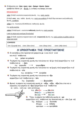 Ο Αόριστος σε –ήκα –ηκες –ηκε -ήκαμε –ήκατε -ήκαν
γράφεται πάντα με ή τ α. π.χ. ανέβηκα, σκεφτήκαμε, ζαλίστηκε
Π Ρ Ο Σ Ο Χ Η !!!
-είτε: β΄πληθ. ενεστώτα ενεργητικής φωνής. π.χ. εσείς κινείτε
β΄πληθ. υποτ. αορ. παθητ. φωνής. π.χ. εσείς να κινηθείτε β΄πληθ. Π ρ ο σ τ α κ τ ι κ ή παθητικής
φωνής κινηθείτε
-είται: γ΄εν. Ενεστώτα /Εξ.Μέλλοντα παθητικής φωνής
π.χ. αυτός κινείται
-είστε: β΄πληθ.οριστ . ενεστώτα παθητικής φωνής π.χ. εσείς κινείστε
( από το ρήμα εγώ κινούμαι β΄συζυγίας)
-ήστε: β΄πληθ. αορίστου π ρ ο σ τ α κ τ ι κ ή ενεργητικής φωνής. π.χ. εσείς κινήστε τη ρόδα ( από το
ρήμα εγώ κινώ)
ΕΞΑΙΡΕΣΕΙΣ:
-ίστε: (ζωγραφ-ίστε) -είστε: (δαν-είστε) -ύστε: (δακρ-ύστε) - οίστε: (αθρ-οίστε)
Οι καταλήξεις στην προστακτική γράφονται με –ε και στο β΄ ενικό
και στο β΄ πληθυντικό
π.χ. γράφε και γράφετε
Τα ρήματα της ενεργητικής φωνής που τελειώνουν σε –ώ (με τόνο) σχηματίζουν το το β΄
πληθυντικό σε - ήστε
π.χ. τραγουδώ τραγουδήστε
Τα ρήματα της ενεργητικής φωνής που τελειώνουν σε –ω (χωρίς τόνο) σχηματίζουν το β΄
πληθυντικό σε – είτε
π.χ. κατεβαίνω κατεβείτε
Τα ρήματα της ενεργητικής φωνής που τελειώνουν σε –ίζω
σχηματίζουν το β΄πληθυντικό σε – ίστε
π.χ. ζωγραφίζω ζωγραφίστε
Φυσικά, τα ρήματα της ενεργητικής φωνής σε -οίζω, -είζω, -ύζω (που είναι και οι
εξαιρέσεις των ρημάτων σε –ίζω) σχηματίζουν το β΄ πληθυντικό
σε – οίστε, - είστε και – ύστε αντίστοιχα.
π.χ. αθροίζω αθροίστε
δακρύζω δακρύστε
δανείζω δανείστε
Τέλος, τα ρήματα της παθητικής φωνής σε - μαι
σχηματίζουν το β΄ πληθυντικό της προστακτικής σε – είτε ( με –ει)
π.χ. λούζομαι λουστείτε
δένομαι δεθείτε
κρατιέμαι κρατηθείτε
 