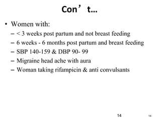 14 14
Con’t…
• Women with:
– < 3 weeks post partum and not breast feeding
– 6 weeks - 6 months post partum and breast feeding
– SBP 140-159 & DBP 90- 99
– Migraine head ache with aura
– Woman taking rifampicin & anti convulsants
 