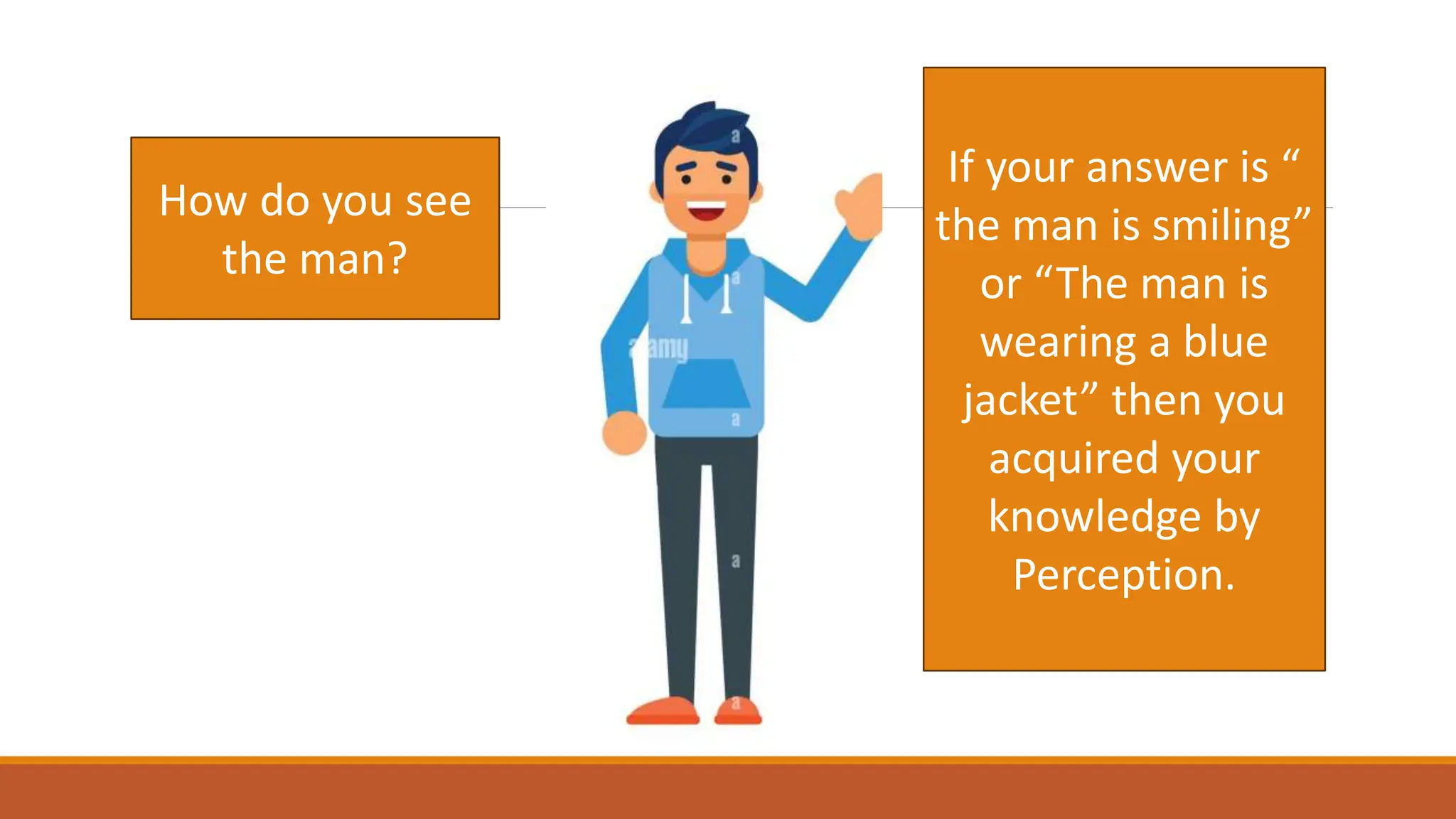 How do you see
the man?
If your answer is “
the man is smiling”
or “The man is
wearing a blue
jacket” then you
acquired your
knowledge by
Perception.
 