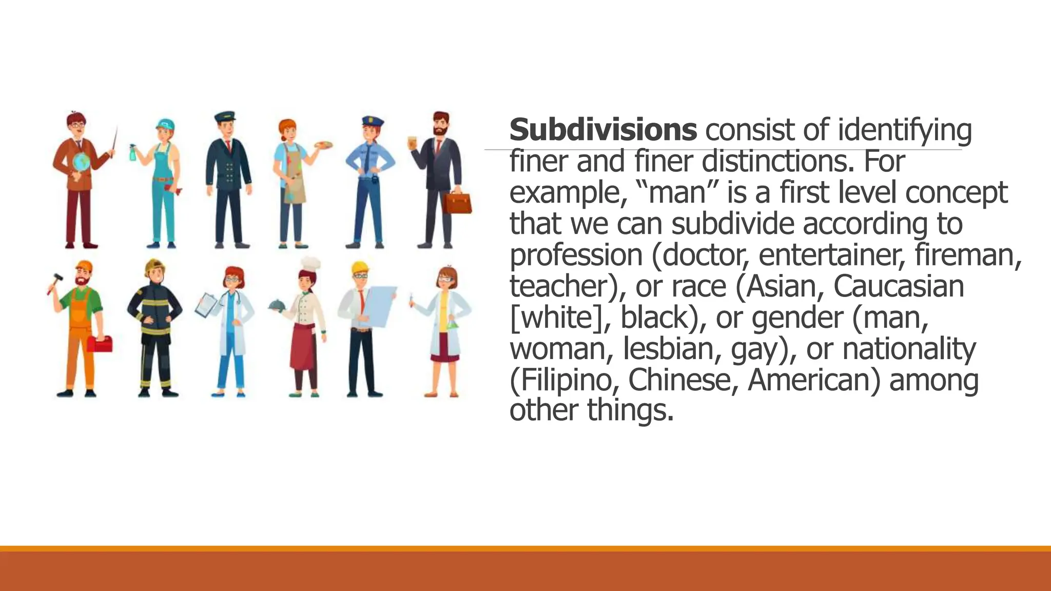 Subdivisions consist of identifying
finer and finer distinctions. For
example, “man” is a first level concept
that we can subdivide according to
profession (doctor, entertainer, fireman,
teacher), or race (Asian, Caucasian
[white], black), or gender (man,
woman, lesbian, gay), or nationality
(Filipino, Chinese, American) among
other things.
 