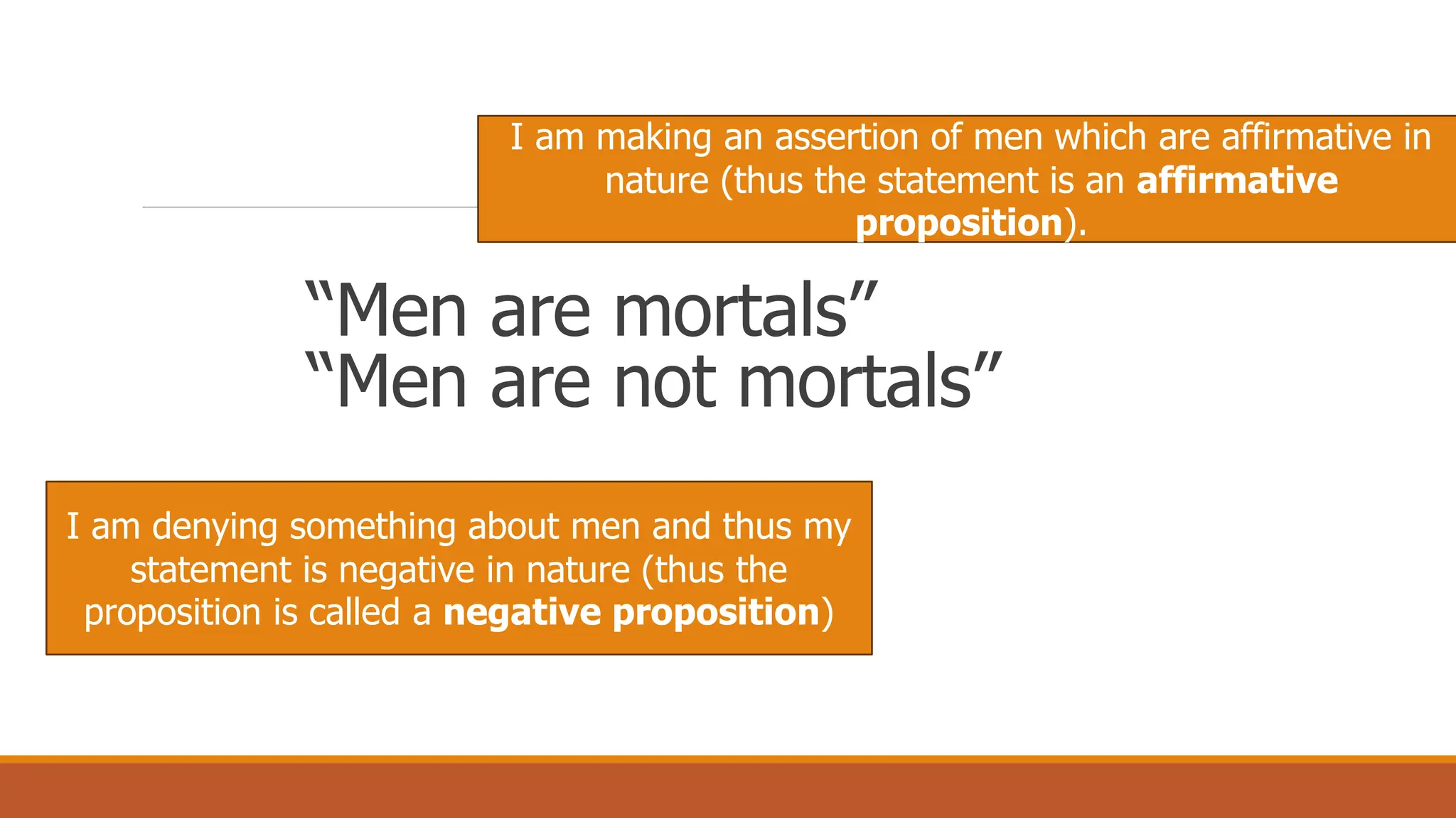 “Men are mortals”
“Men are not mortals”
I am making an assertion of men which are affirmative in
nature (thus the statement is an affirmative
proposition).
I am denying something about men and thus my
statement is negative in nature (thus the
proposition is called a negative proposition)
 