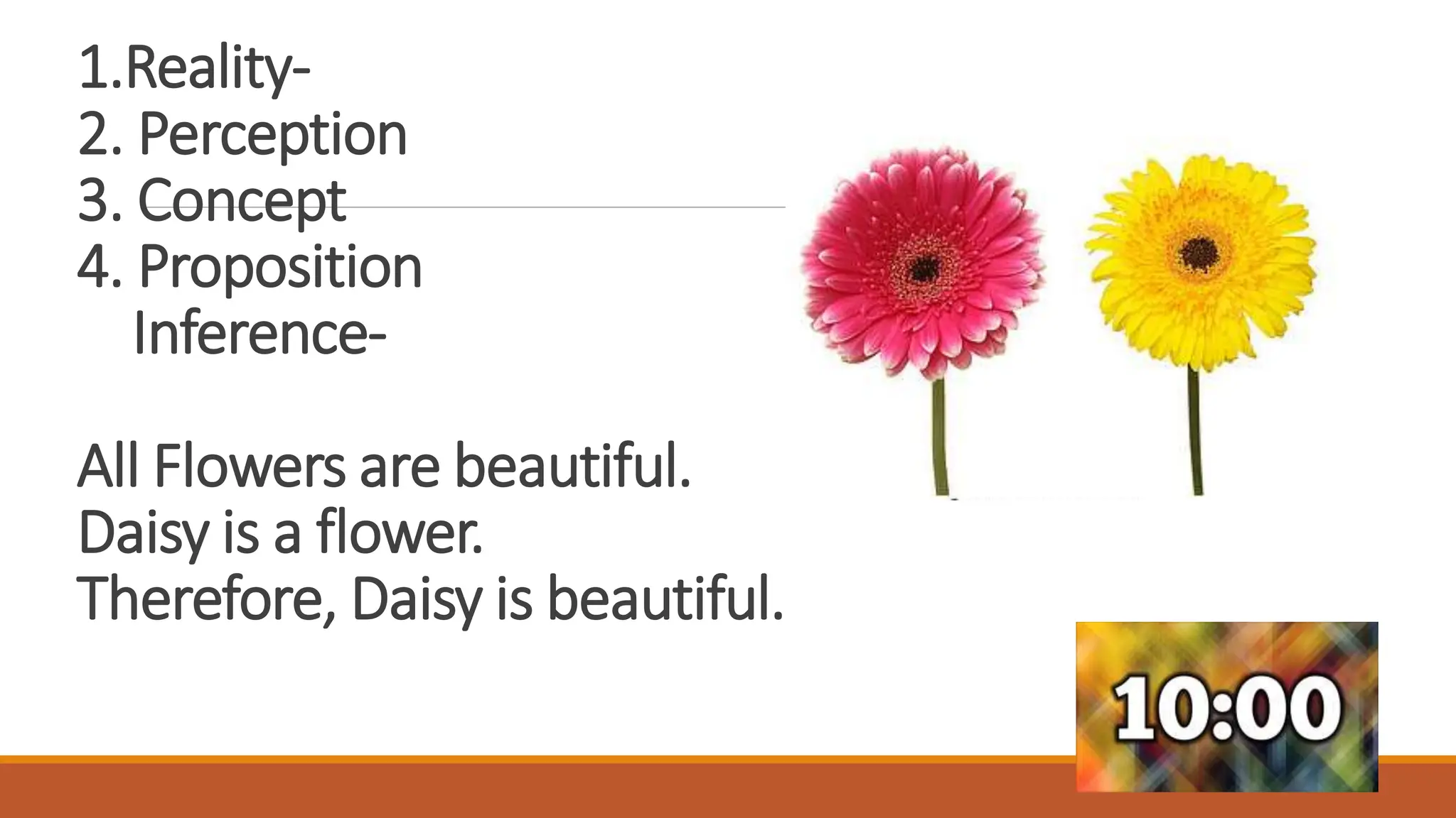 1.Reality-
2. Perception
3. Concept
4. Proposition
Inference-
All Flowers are beautiful.
Daisy is a flower.
Therefore, Daisy is beautiful.
 