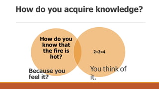 How do you acquire knowledge?
How do you
know that
the fire is
hot?
2+2=4
Because you
feel it?
You think of
it.
 