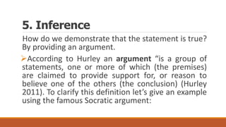 5. Inference
How do we demonstrate that the statement is true?
By providing an argument.
According to Hurley an argument “is a group of
statements, one or more of which (the premises)
are claimed to provide support for, or reason to
believe one of the others (the conclusion) (Hurley
2011). To clarify this definition let’s give an example
using the famous Socratic argument:
 