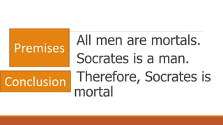 All men are mortals.
Socrates is a man.
Therefore, Socrates is
mortal
Premises
Conclusion
 