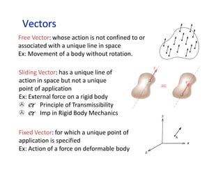 Vectors
Free Vector: whose action is not confined to or
associated with a unique line in space
Ex: Movement of a body without rotation.
Sliding Vector: has a unique line of
action in space but not a unique
point of application
Ex: External force on a rigid body
  Principle of Transmissibility
  Imp in Rigid Body Mechanics
Fixed Vector: for which a unique point of
application is specified
Ex: Action of a force on deformable body
 