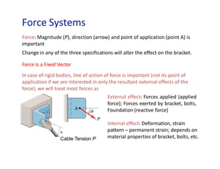 Force Systems
Cable Tension P
Force: Magnitude (P), direction (arrow) and point of application (point A) is
important
Change in any of the three specifications will alter the effect on the bracket.
Force is a Fixed Vector
In case of rigid bodies, line of action of force is important (not its point of
application if we are interested in only the resultant external effects of the
force), we will treat most forces as
External effect: Forces applied (applied
force); Forces exerted by bracket, bolts,
Foundation (reactive force)
Internal effect: Deformation, strain
pattern – permanent strain; depends on
material properties of bracket, bolts, etc.
 