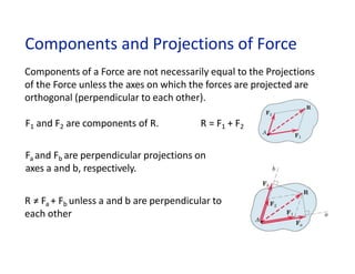 Components and Projections of Force
Components of a Force are not necessarily equal to the Projections
of the Force unless the axes on which the forces are projected are
orthogonal (perpendicular to each other).
F1 and F2 are components of R. R = F1 + F2
Fa and Fb are perpendicular projections on
axes a and b, respectively.
R ≠ Fa + Fb unless a and b are perpendicular to
each other
 