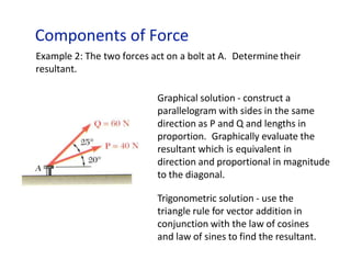 Components of Force
Example 2: The two forces act on a bolt at A. Determine their
resultant.
Graphical solution - construct a
parallelogram with sides in the same
direction as P and Q and lengths in
proportion. Graphically evaluate the
resultant which is equivalent in
direction and proportional in magnitude
to the diagonal.
Trigonometric solution - use the
triangle rule for vector addition in
conjunction with the law of cosines
and law of sines to find the resultant.
 