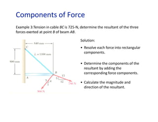 Components of Force
Example 3:Tension in cable BC is 725-N, determine the resultant of the three
forces exerted at point B of beam AB.
Solution:
• Resolve each force into rectangular
components.
• Determine the components of the
resultant by adding the
corresponding force components.
• Calculate the magnitude and
direction of the resultant.
 